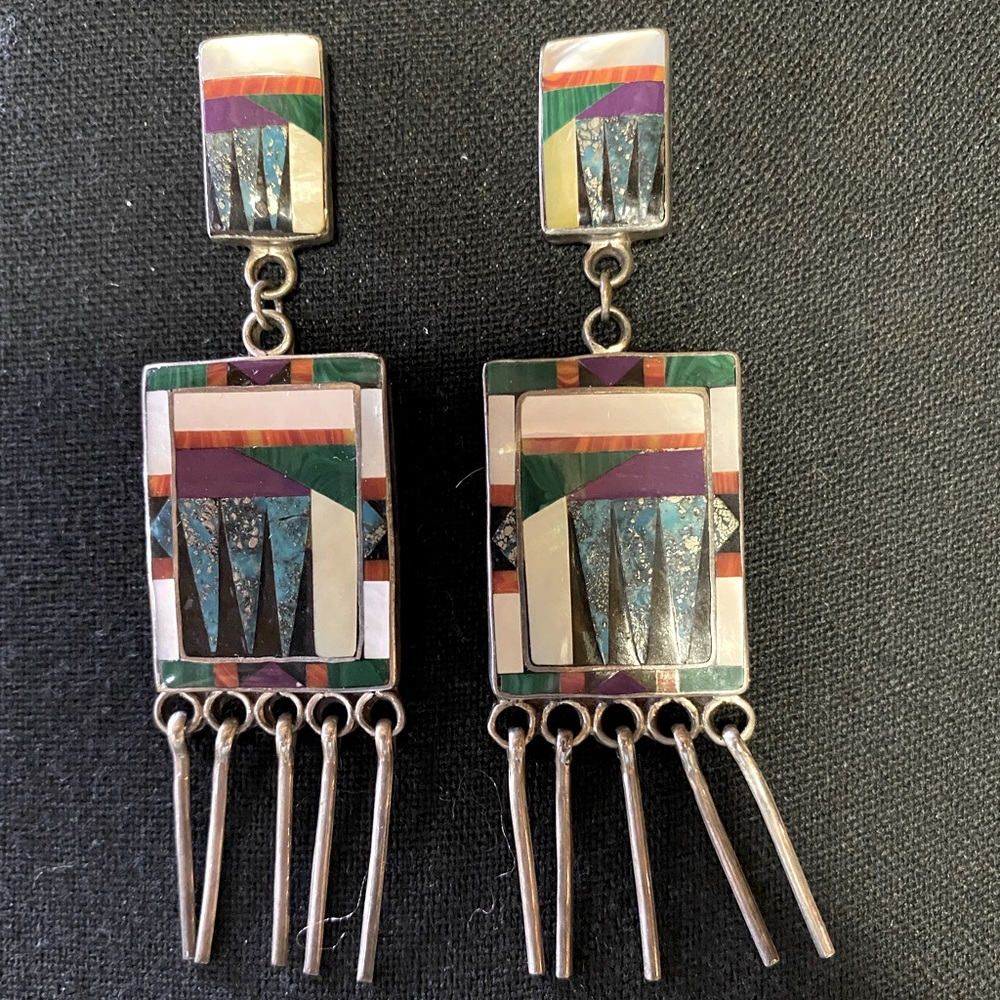 Sterling silver inlay earrings with MOP, turquoise, onyx, suglite, cobalt.